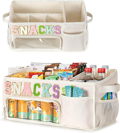 Fasrom Large Snack Organizer for Countertop, Chenille Letter Snack Basket Organizer with 6 Compartments, Pantry Storage Bin with Handles, Food Container Snack Box for Chips, Candy, and Snacks, Beige