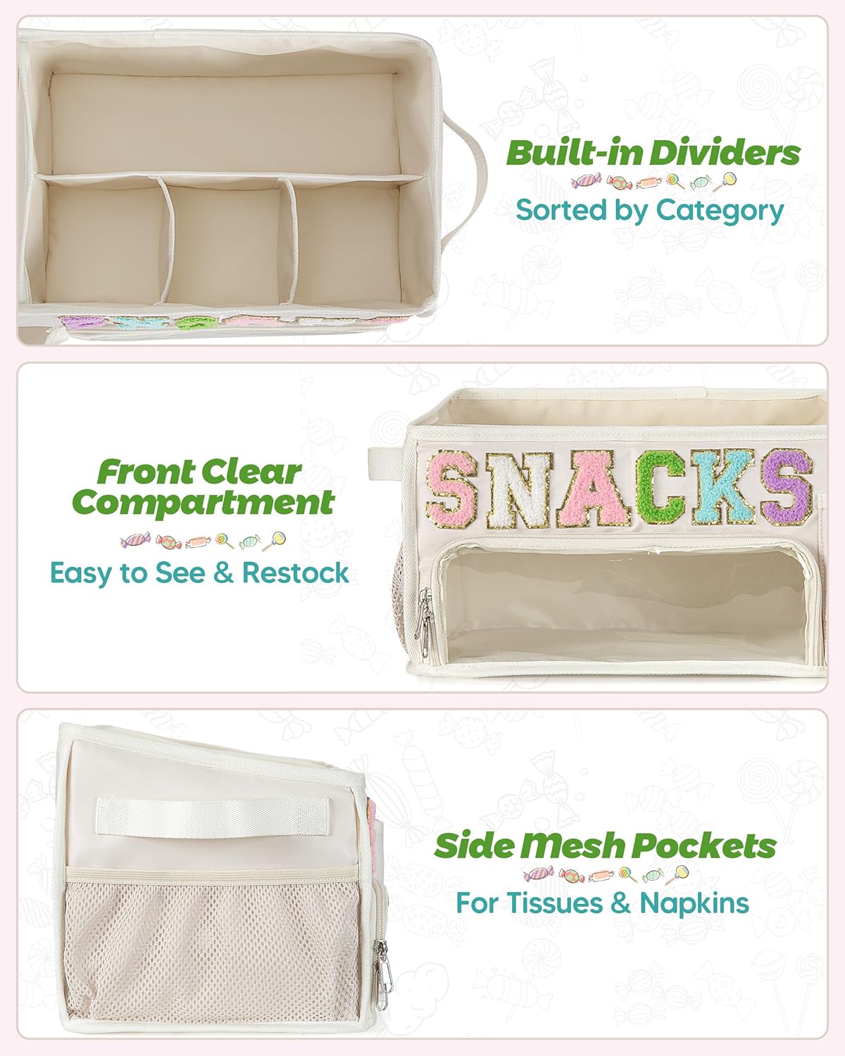 Fasrom Large Snack Organizer for Countertop, Chenille Letter Snack Basket Organizer with 6 Compartments, Pantry Storage Bin with Handles, Food Container Snack Box for Chips, Candy, and Snacks, Beige