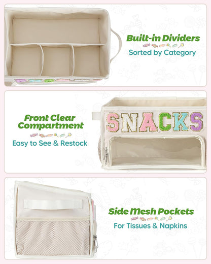 Fasrom Large Snack Organizer for Countertop, Chenille Letter Snack Basket Organizer with 6 Compartments, Pantry Storage Bin with Handles, Food Container Snack Box for Chips, Candy, and Snacks, Beige