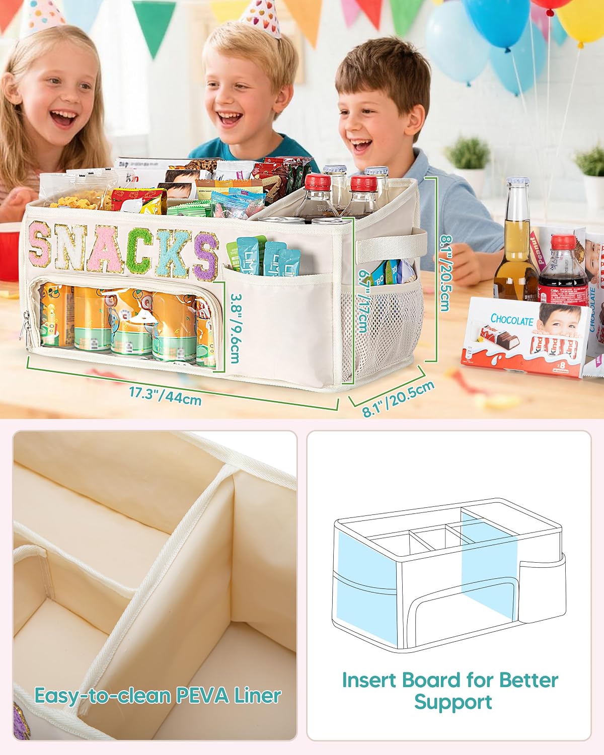 Fasrom Large Snack Organizer for Countertop, Chenille Letter Snack Basket Organizer with 6 Compartments, Pantry Storage Bin with Handles, Food Container Snack Box for Chips, Candy, and Snacks, Beige