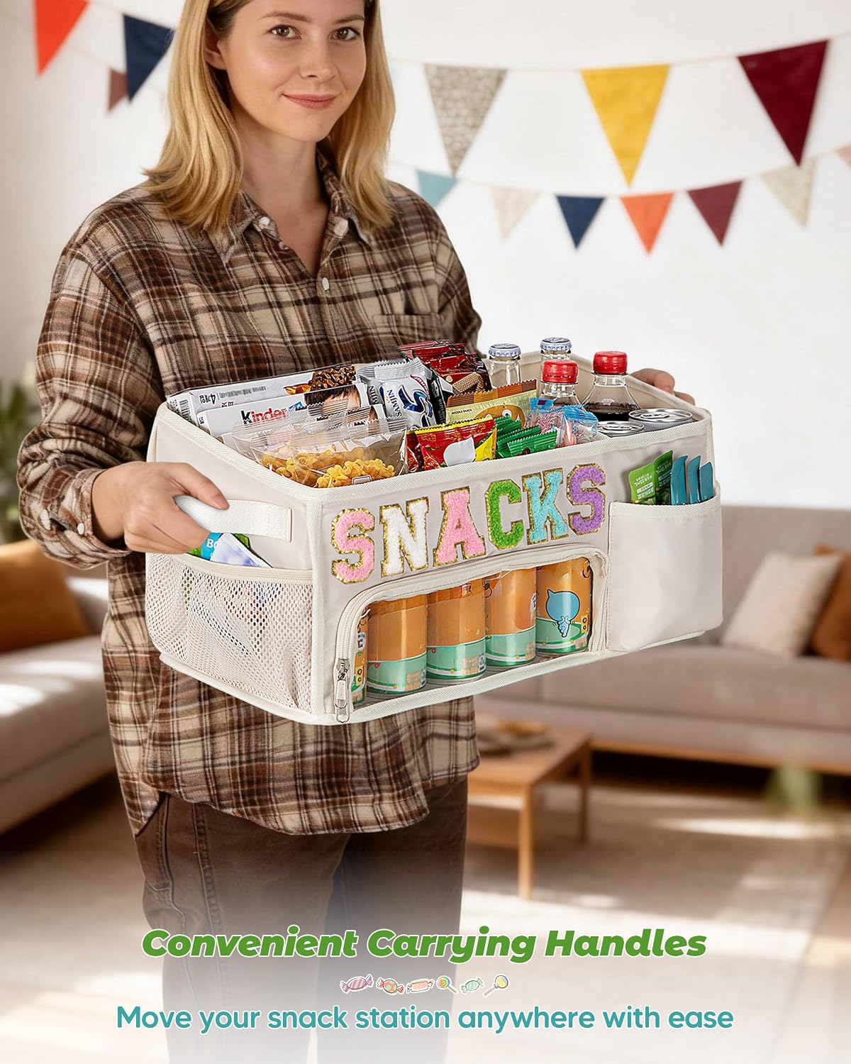 Fasrom Large Snack Organizer for Countertop, Chenille Letter Snack Basket Organizer with 6 Compartments, Pantry Storage Bin with Handles, Food Container Snack Box for Chips, Candy, and Snacks, Beige
