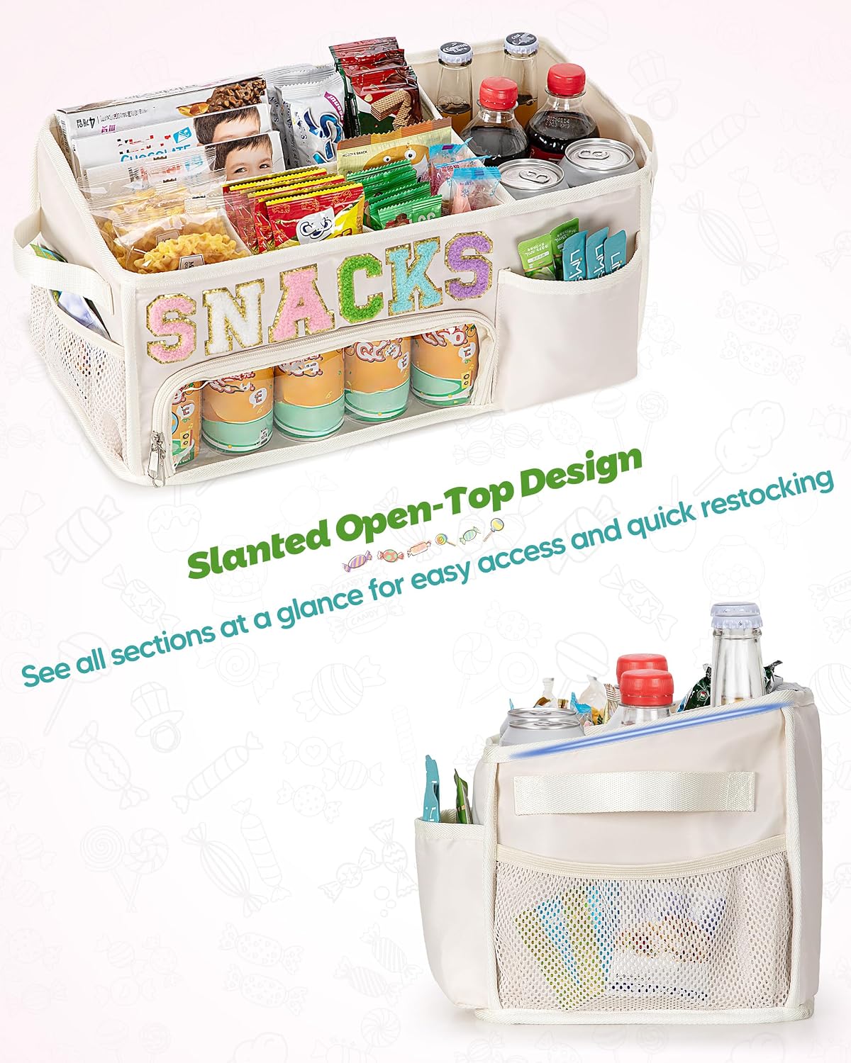 Fasrom Large Snack Organizer for Countertop, Chenille Letter Snack Basket Organizer with 6 Compartments, Pantry Storage Bin with Handles, Food Container Snack Box for Chips, Candy, and Snacks, Beige