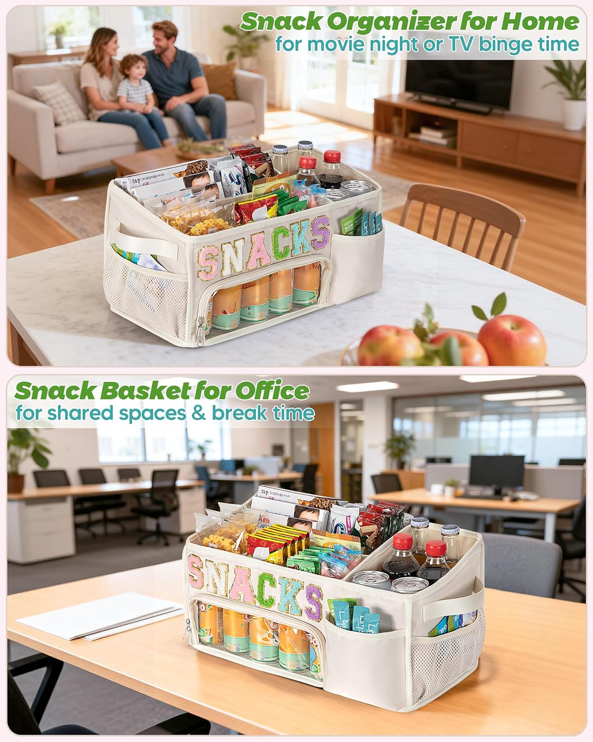 Fasrom Large Snack Organizer for Countertop, Chenille Letter Snack Basket Organizer with 6 Compartments, Pantry Storage Bin with Handles, Food Container Snack Box for Chips, Candy, and Snacks, Beige