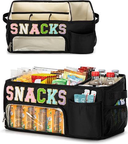 Fasrom Large Snack Organizer for Countertop, Chenille Letter Snack Basket Organizer with 6 Compartments, Pantry Storage Bin with Handles, Food Container Snack Box for Chips, Candy, and Snacks, Beige