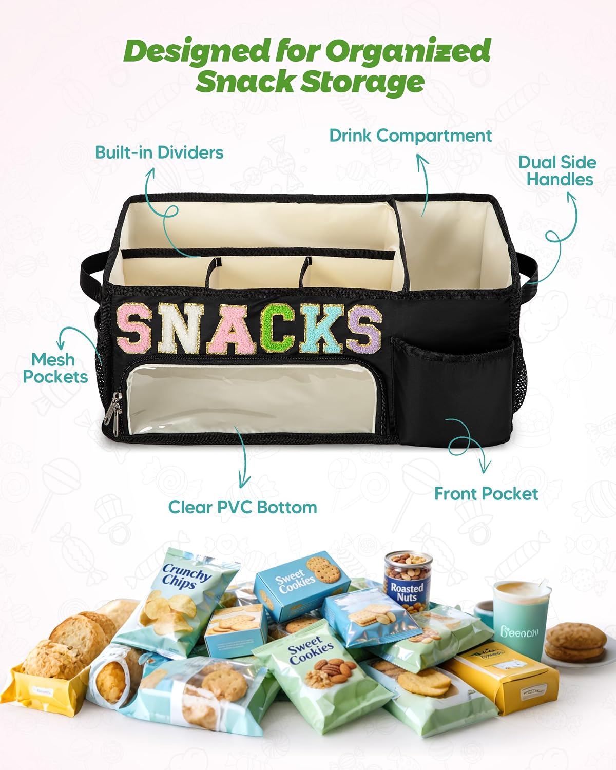 Fasrom Large Snack Organizer for Countertop, Chenille Letter Snack Basket Organizer with 6 Compartments, Pantry Storage Bin with Handles, Food Container Snack Box for Chips, Candy, and Snacks, Beige