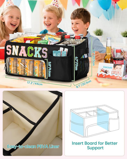 Fasrom Large Snack Organizer for Countertop, Chenille Letter Snack Basket Organizer with 6 Compartments, Pantry Storage Bin with Handles, Food Container Snack Box for Chips, Candy, and Snacks, Beige