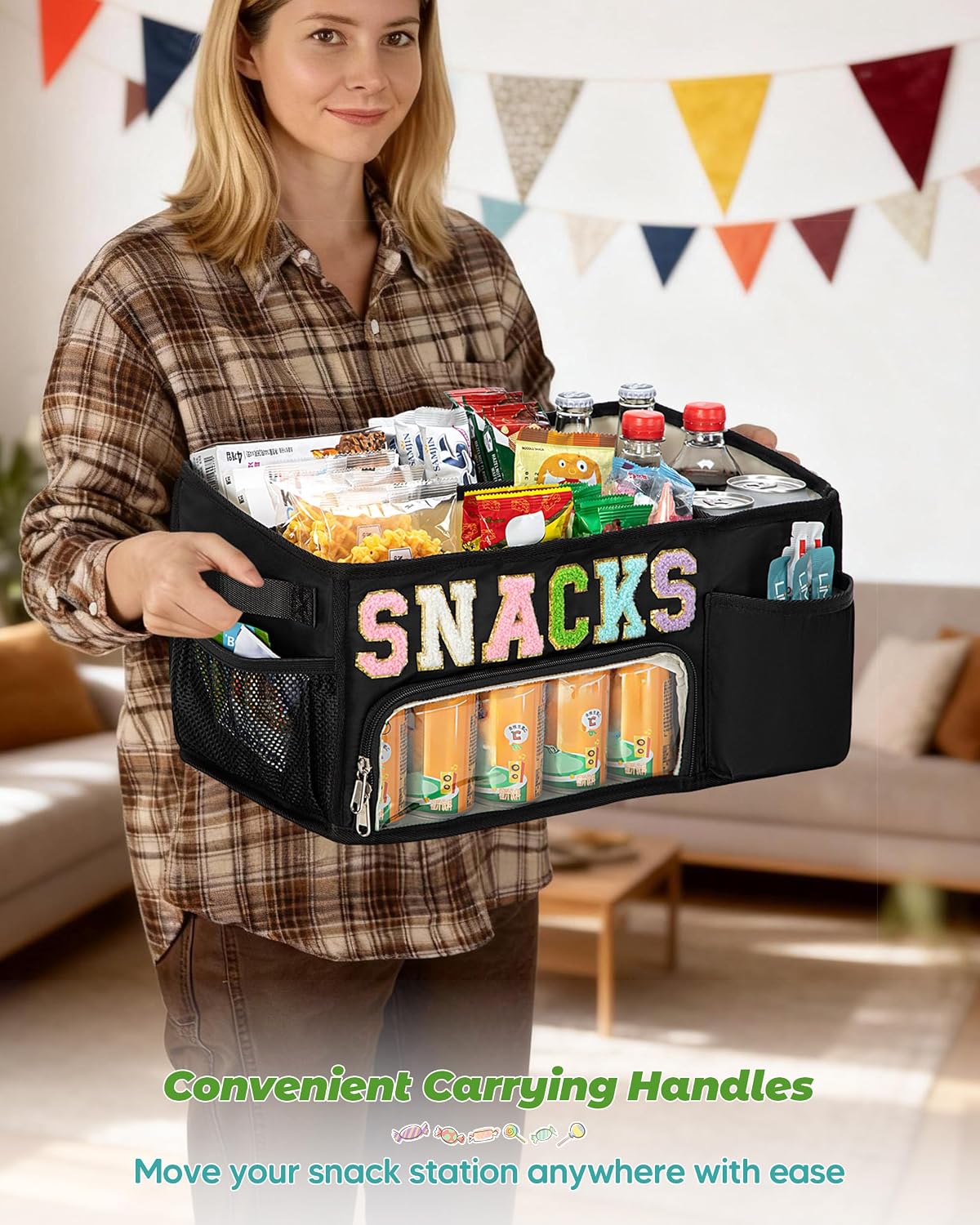 Fasrom Large Snack Organizer for Countertop, Chenille Letter Snack Basket Organizer with 6 Compartments, Pantry Storage Bin with Handles, Food Container Snack Box for Chips, Candy, and Snacks, Beige
