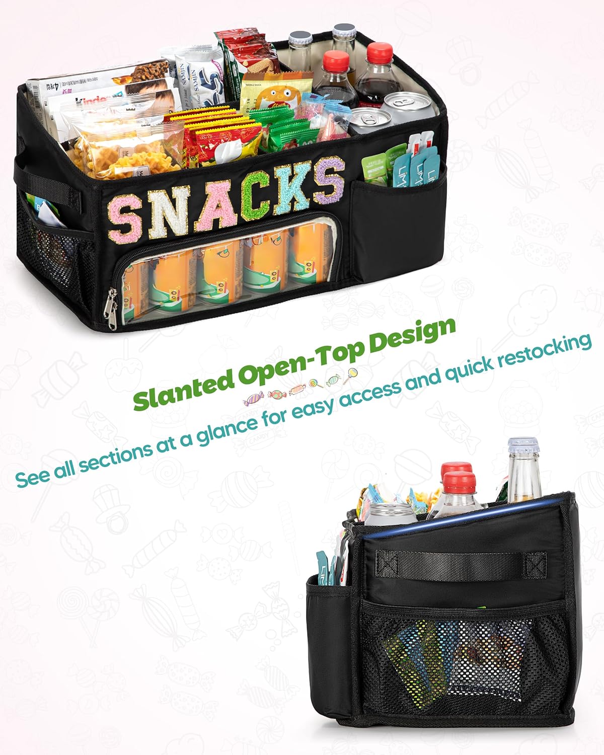 Fasrom Large Snack Organizer for Countertop, Chenille Letter Snack Basket Organizer with 6 Compartments, Pantry Storage Bin with Handles, Food Container Snack Box for Chips, Candy, and Snacks, Beige
