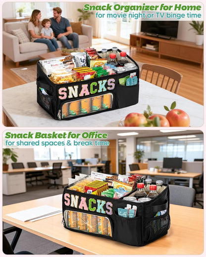Fasrom Large Snack Organizer for Countertop, Chenille Letter Snack Basket Organizer with 6 Compartments, Pantry Storage Bin with Handles, Food Container Snack Box for Chips, Candy, and Snacks, Beige