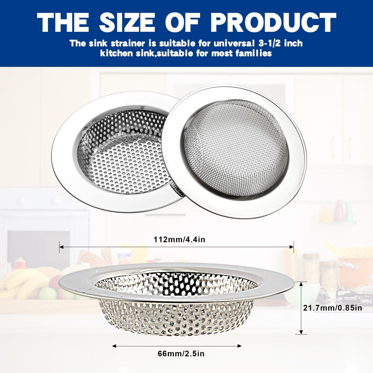 4.4" Kitchen Sink Strainer Stainless Steel Dual Mesh Drain Filter
