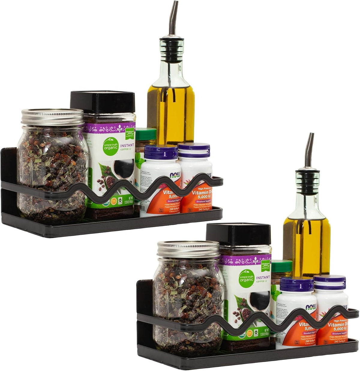 Magnetic Spice Rack Holder For Refrigerator Organizer Tier Kitchen Metal Cabinet Space Saver Great For Jars Bottle Vitamins (Black, 2)