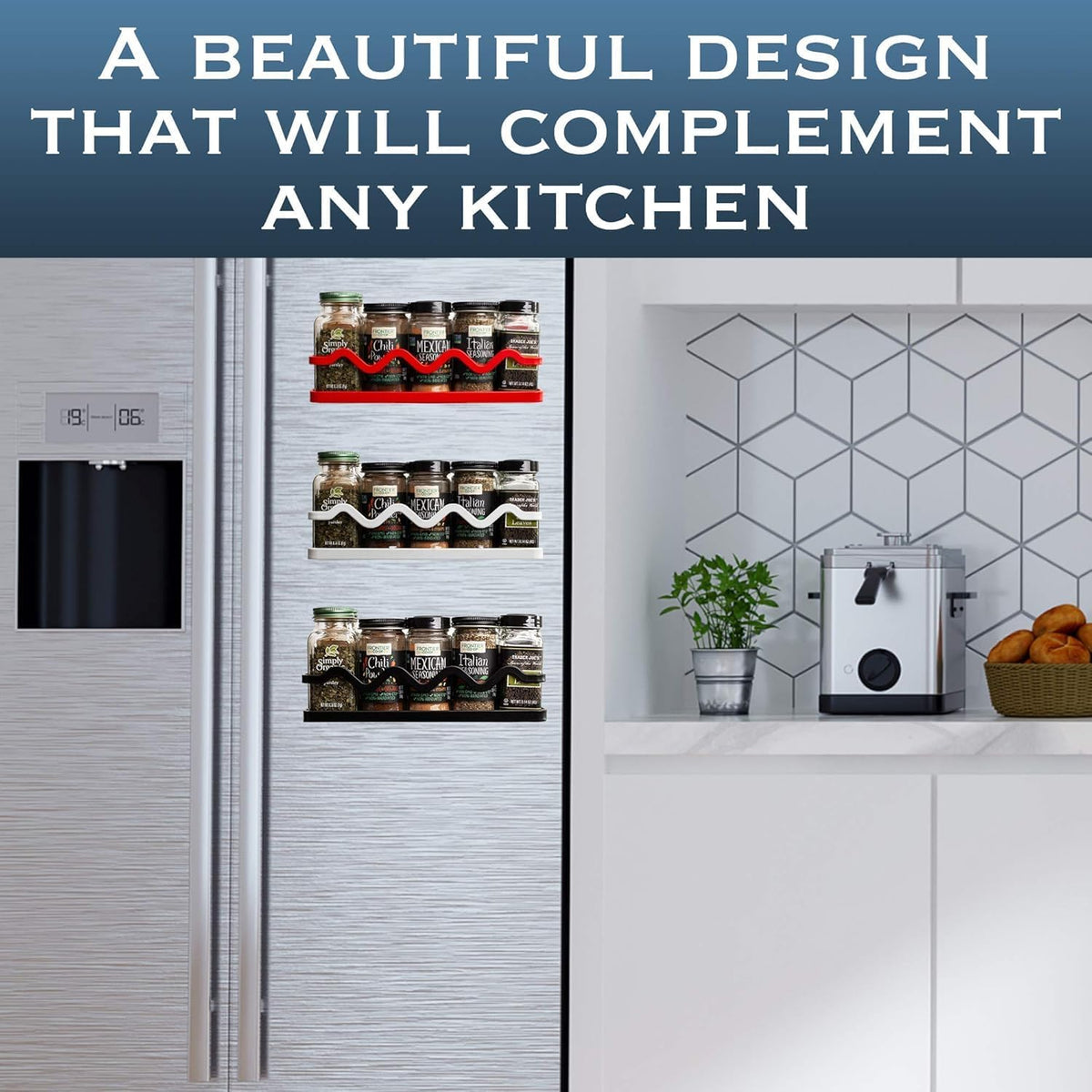 Magnetic Spice Rack Holder For Refrigerator Organizer Tier Kitchen Metal Cabinet Space Saver Great For Jars Bottle Vitamins (Black, 2)
