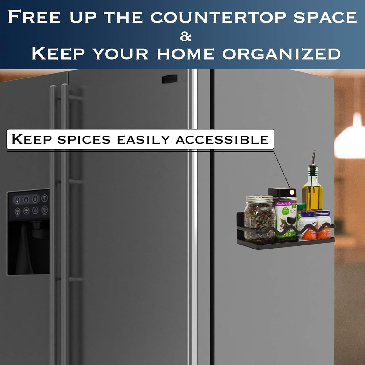 Magnetic Spice Rack Holder For Refrigerator Organizer Tier Kitchen Metal Cabinet Space Saver Great For Jars Bottle Vitamins (Black, 2)