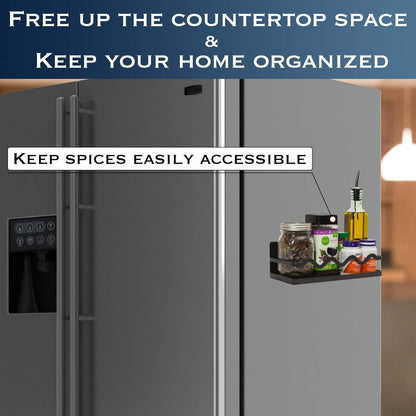 Magnetic Spice Rack Holder For Refrigerator Organizer Tier Kitchen Metal Cabinet Space Saver Great For Jars Bottle Vitamins (Black, 2)