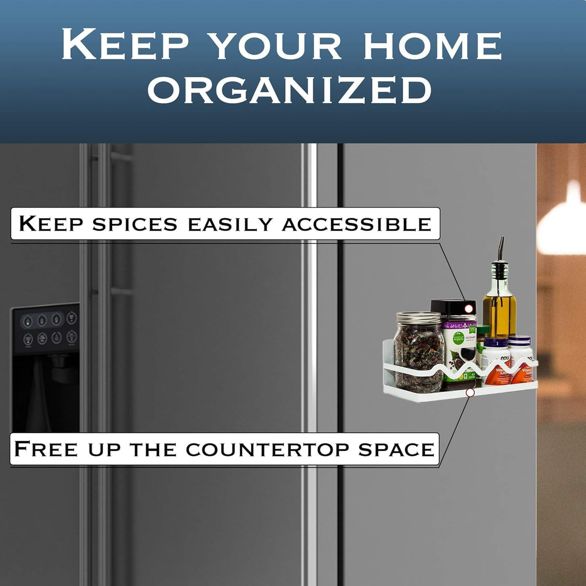 Magnetic Spice Rack Holder For Refrigerator Organizer Tier Kitchen Metal Cabinet Space Saver Great For Jars Bottle Vitamins (Black, 2)