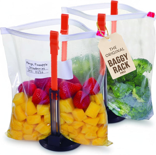 Suction Cup Fortified Baggy Rack For More Stability When Filling Plastic Freezer Storage Zip Lock Bags. Sturdy Clips Hold Containers Open to Pour Leftovers and Meal Prep Ingredients.