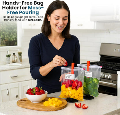 Suction Cup Fortified Baggy Rack For More Stability When Filling Plastic Freezer Storage Zip Lock Bags. Sturdy Clips Hold Containers Open to Pour Leftovers and Meal Prep Ingredients.