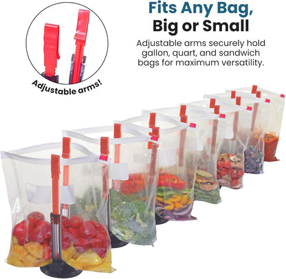 Suction Cup Fortified Baggy Rack For More Stability When Filling Plastic Freezer Storage Zip Lock Bags. Sturdy Clips Hold Containers Open to Pour Leftovers and Meal Prep Ingredients.