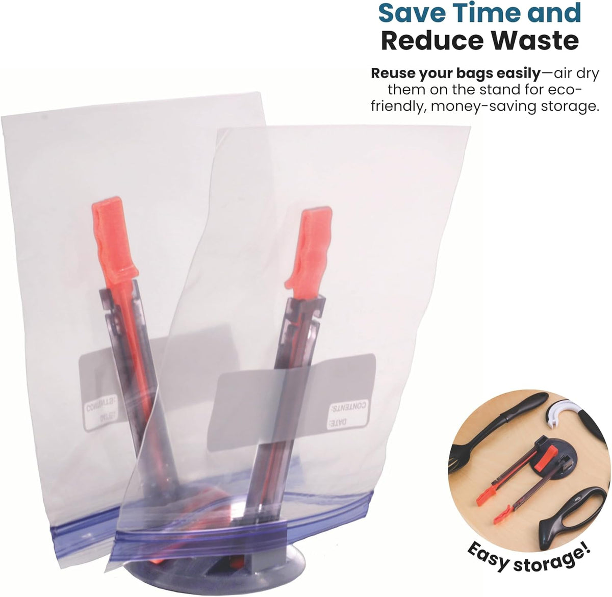 Suction Cup Fortified Baggy Rack For More Stability When Filling Plastic Freezer Storage Zip Lock Bags. Sturdy Clips Hold Containers Open to Pour Leftovers and Meal Prep Ingredients.
