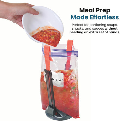 Suction Cup Fortified Baggy Rack For More Stability When Filling Plastic Freezer Storage Zip Lock Bags. Sturdy Clips Hold Containers Open to Pour Leftovers and Meal Prep Ingredients.