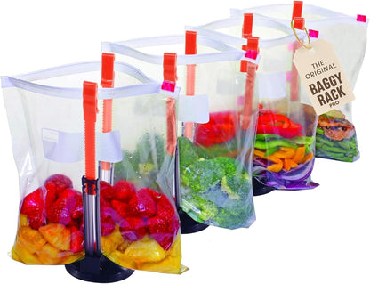 Suction Cup Fortified Baggy Rack For More Stability When Filling Plastic Freezer Storage Zip Lock Bags. Sturdy Clips Hold Containers Open to Pour Leftovers and Meal Prep Ingredients.
