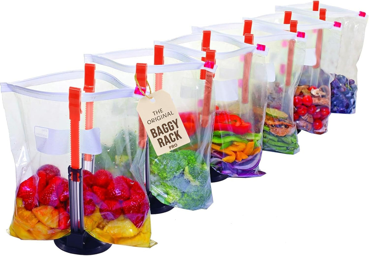 Suction Cup Fortified Baggy Rack For More Stability When Filling Plastic Freezer Storage Zip Lock Bags. Sturdy Clips Hold Containers Open to Pour Leftovers and Meal Prep Ingredients.