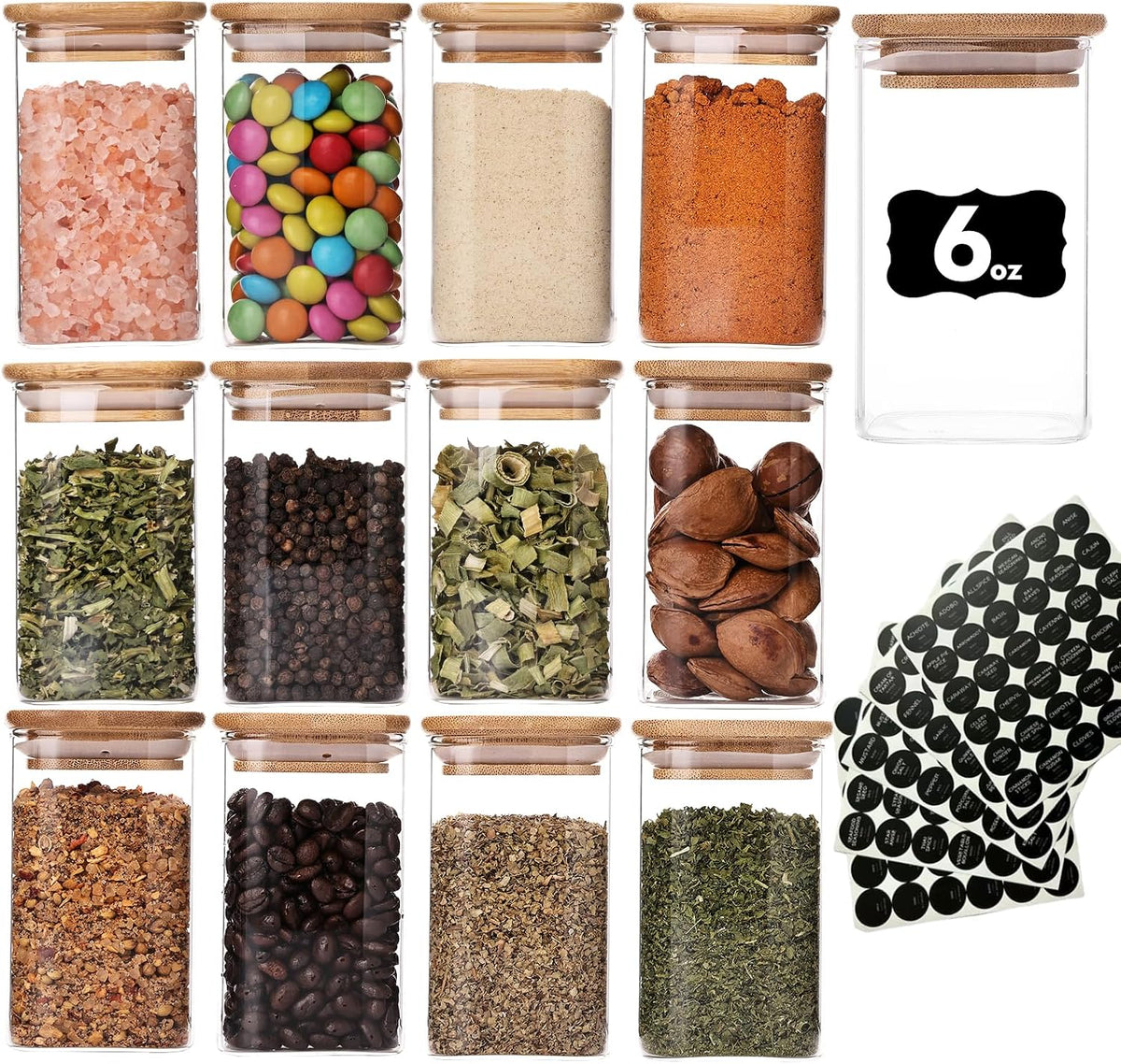 6oz Glass Spice Jars with Bamboo Lid and Label, Square Glass Container, Small Food Storage Containers for Kitchen, Clear Empty Seasoning Jar for Sugar, Salt, Coffee Bean, Herb, Borosilicate