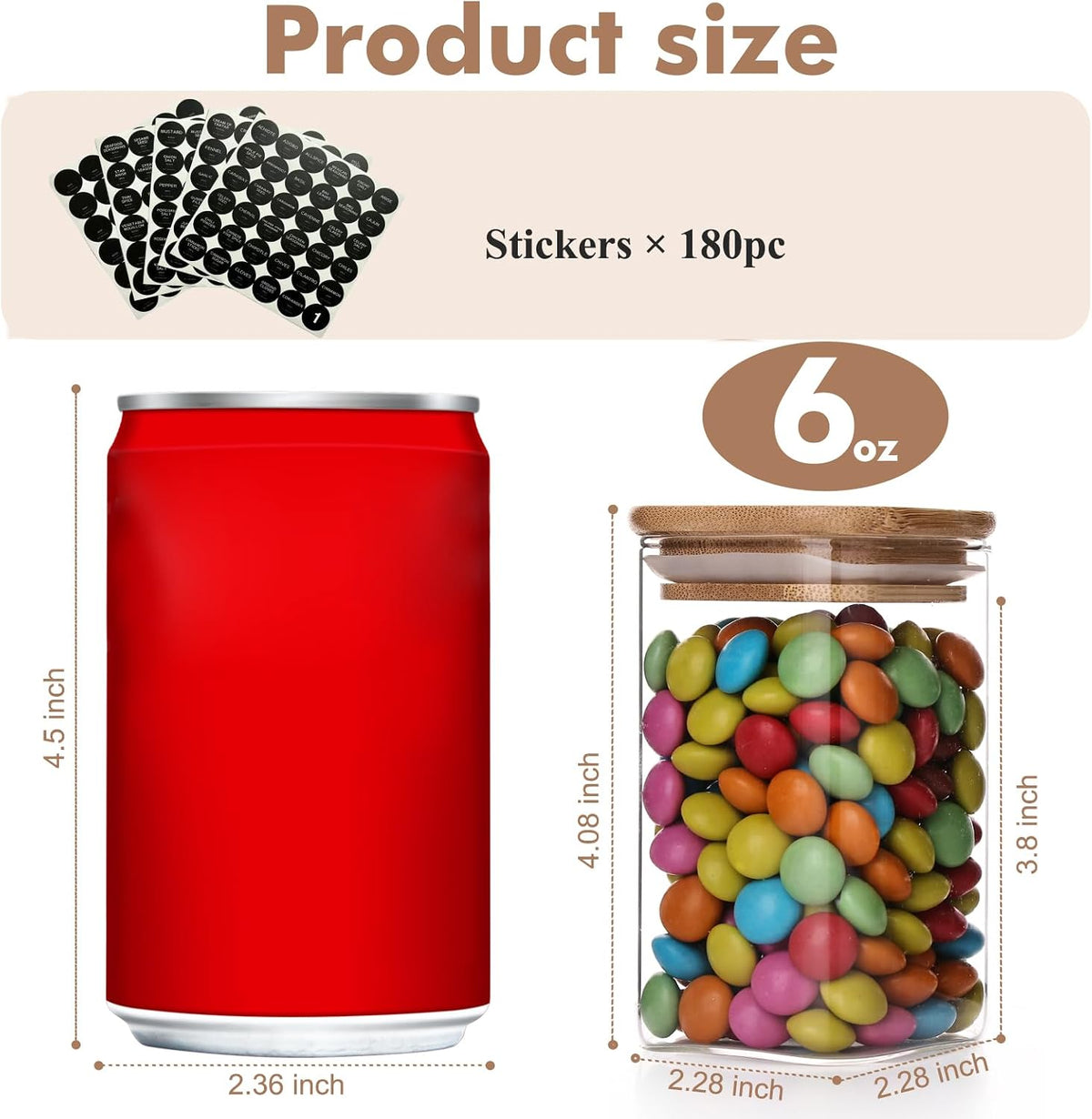 6oz Glass Spice Jars with Bamboo Lid and Label, Square Glass Container, Small Food Storage Containers for Kitchen, Clear Empty Seasoning Jar for Sugar, Salt, Coffee Bean, Herb, Borosilicate