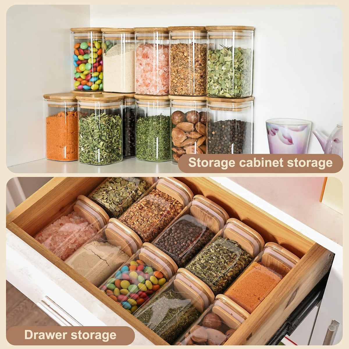 6oz Glass Spice Jars with Bamboo Lid and Label, Square Glass Container, Small Food Storage Containers for Kitchen, Clear Empty Seasoning Jar for Sugar, Salt, Coffee Bean, Herb, Borosilicate