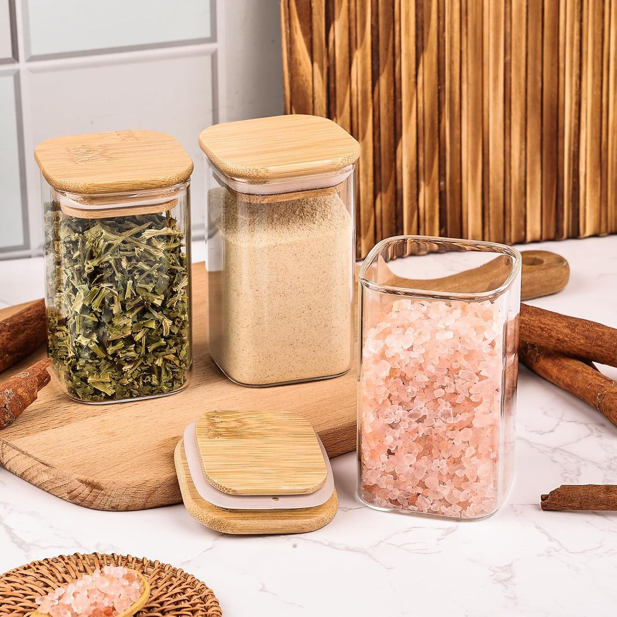 6oz Glass Spice Jars with Bamboo Lid and Label, Square Glass Container, Small Food Storage Containers for Kitchen, Clear Empty Seasoning Jar for Sugar, Salt, Coffee Bean, Herb, Borosilicate