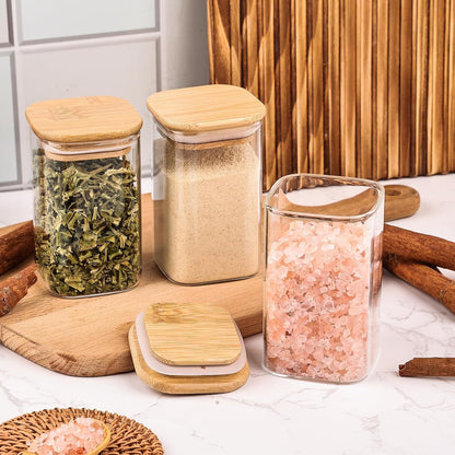 6oz Glass Spice Jars with Bamboo Lid and Label, Square Glass Container, Small Food Storage Containers for Kitchen, Clear Empty Seasoning Jar for Sugar, Salt, Coffee Bean, Herb, Borosilicate