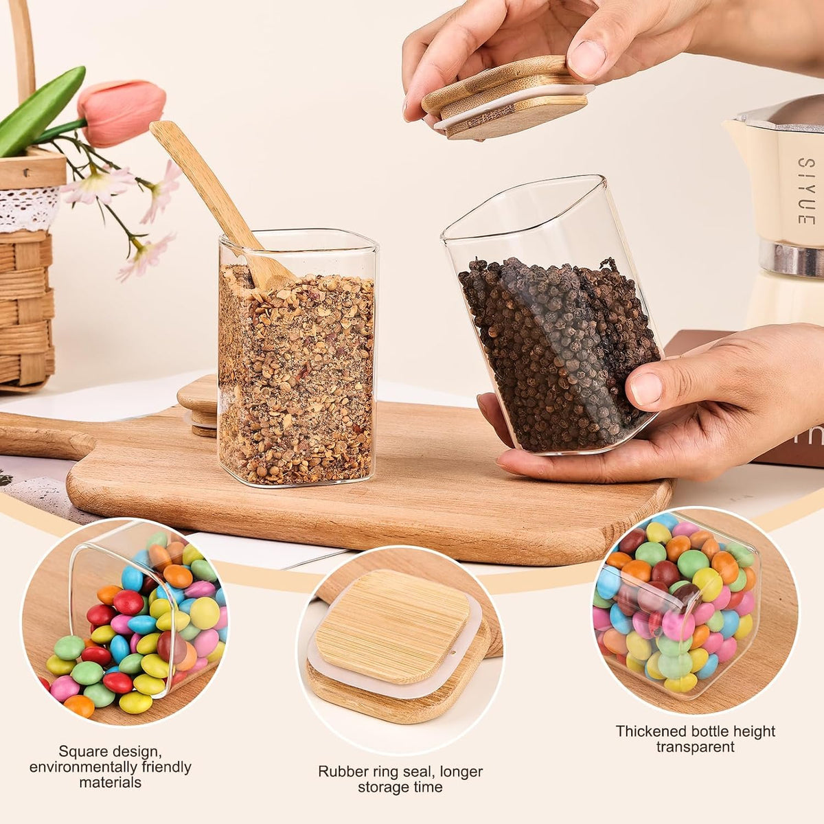 6oz Glass Spice Jars with Bamboo Lid and Label, Square Glass Container, Small Food Storage Containers for Kitchen, Clear Empty Seasoning Jar for Sugar, Salt, Coffee Bean, Herb, Borosilicate