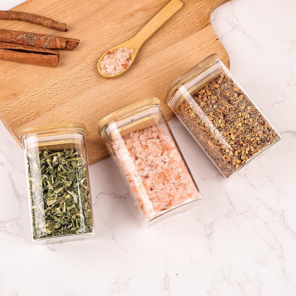 6oz Glass Spice Jars with Bamboo Lid and Label, Square Glass Container, Small Food Storage Containers for Kitchen, Clear Empty Seasoning Jar for Sugar, Salt, Coffee Bean, Herb, Borosilicate