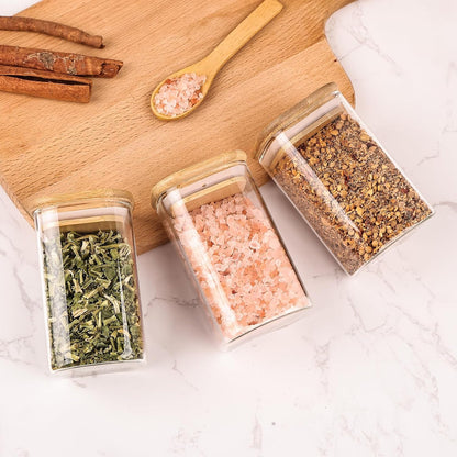 6oz Glass Spice Jars with Bamboo Lid and Label, Square Glass Container, Small Food Storage Containers for Kitchen, Clear Empty Seasoning Jar for Sugar, Salt, Coffee Bean, Herb, Borosilicate