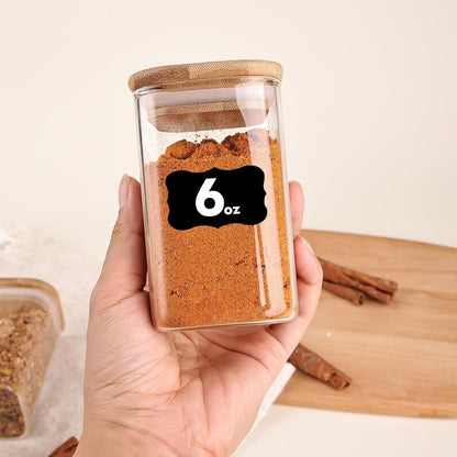 6oz Glass Spice Jars with Bamboo Lid and Label, Square Glass Container, Small Food Storage Containers for Kitchen, Clear Empty Seasoning Jar for Sugar, Salt, Coffee Bean, Herb, Borosilicate
