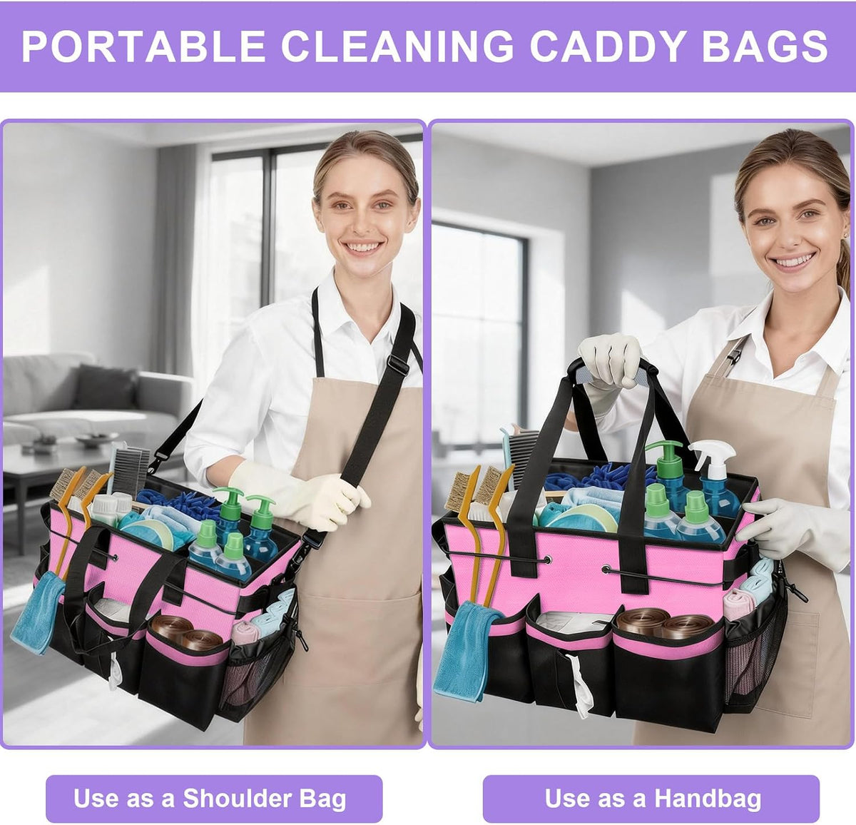 Cleaning Caddy Bag Heavy-Duty Organizer Tote for Housekeepers, Janitors & Home Cleaning Supplies with Adjustable Shoulder Strap & Multiple Pockets (Pink)