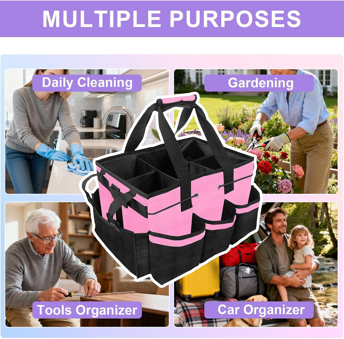 Cleaning Caddy Bag Heavy-Duty Organizer Tote for Housekeepers, Janitors & Home Cleaning Supplies with Adjustable Shoulder Strap & Multiple Pockets (Pink)