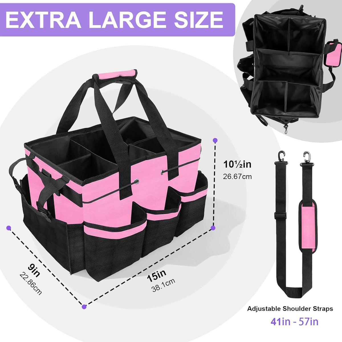 Cleaning Caddy Bag Heavy-Duty Organizer Tote for Housekeepers, Janitors & Home Cleaning Supplies with Adjustable Shoulder Strap & Multiple Pockets (Pink)