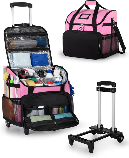 Large Rolling Cleaning Caddy Bag with Detachable Trolley, Cleaning Supplies Organizer with Wheels for Housekeepers, Pink