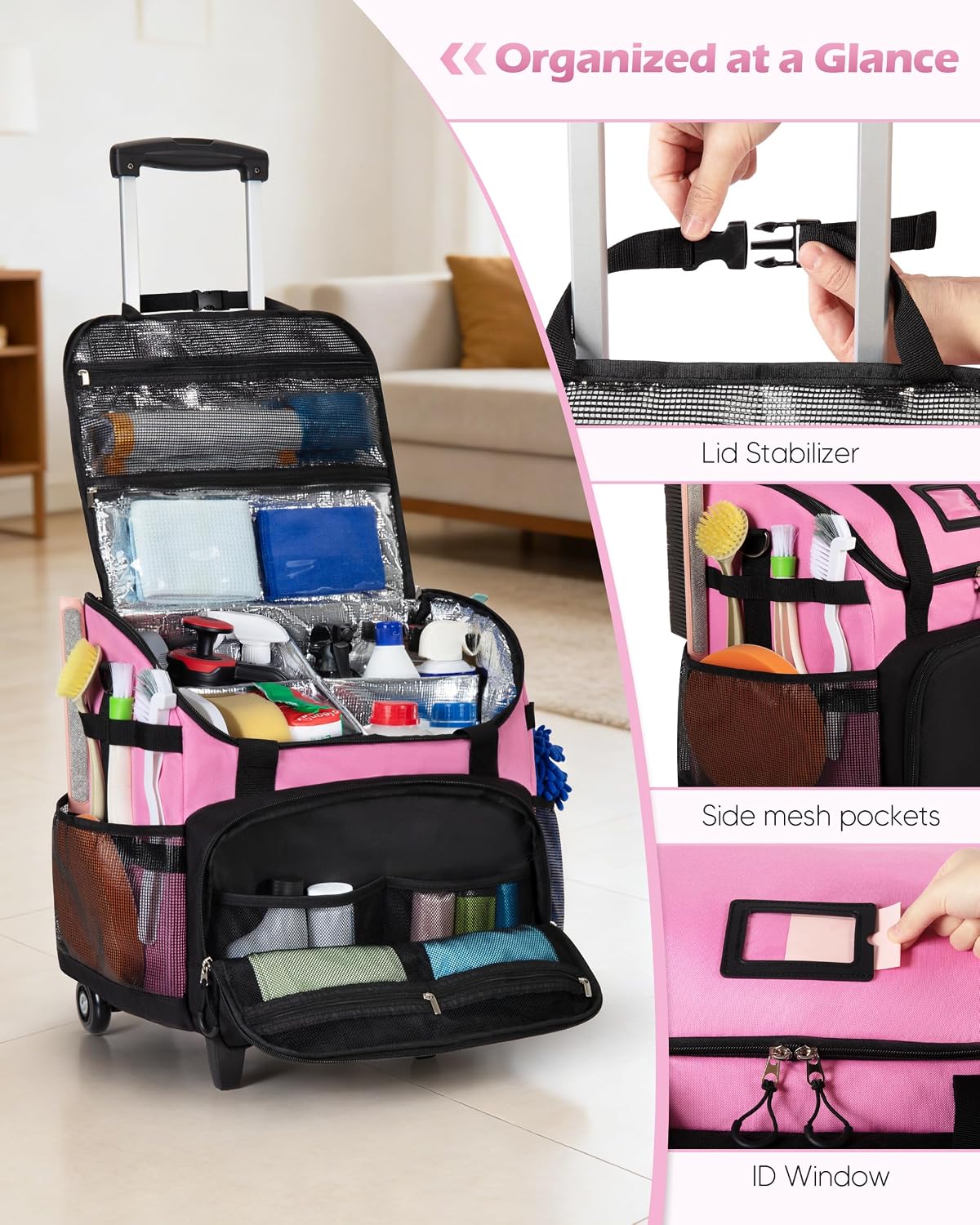 Large Rolling Cleaning Caddy Bag with Detachable Trolley, Cleaning Supplies Organizer with Wheels for Housekeepers, Pink