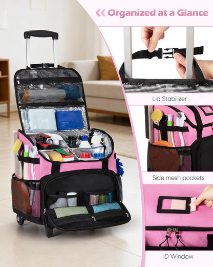 Large Rolling Cleaning Caddy Bag with Detachable Trolley, Cleaning Supplies Organizer with Wheels for Housekeepers, Pink
