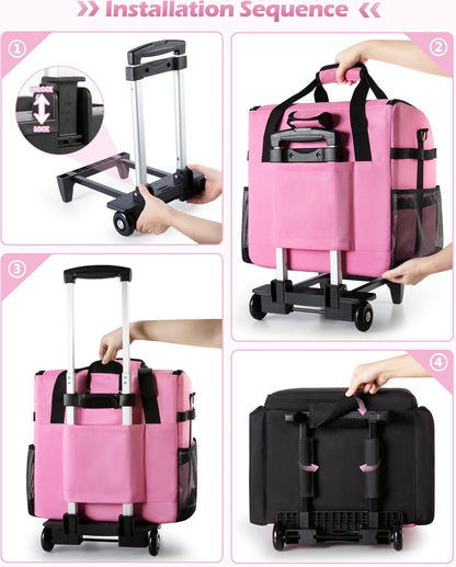 Large Rolling Cleaning Caddy Bag with Detachable Trolley, Cleaning Supplies Organizer with Wheels for Housekeepers, Pink