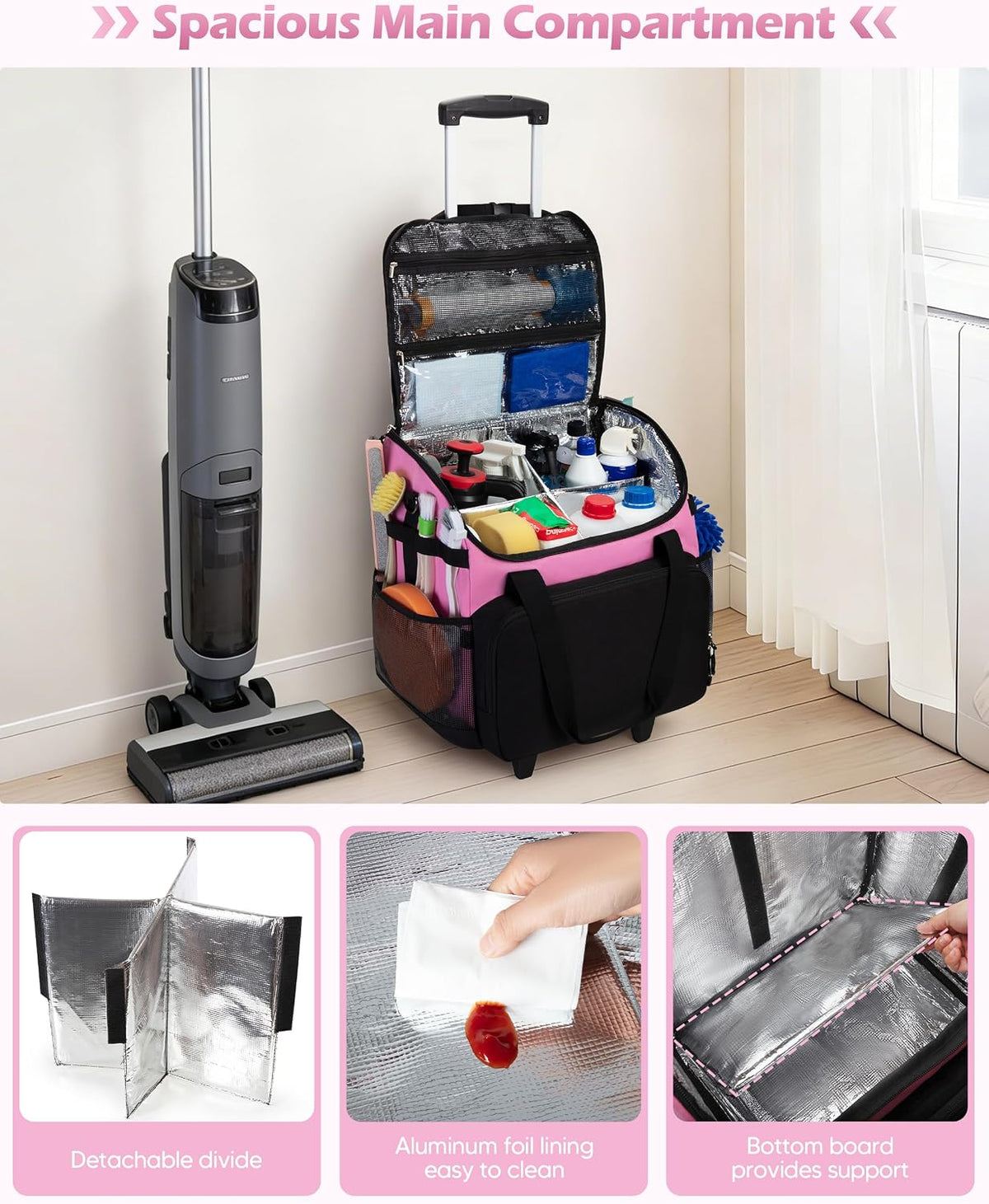 Large Rolling Cleaning Caddy Bag with Detachable Trolley, Cleaning Supplies Organizer with Wheels for Housekeepers, Pink