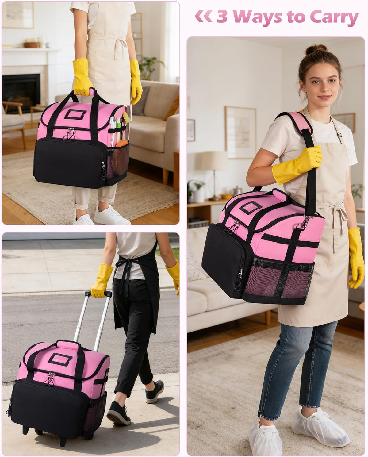 Large Rolling Cleaning Caddy Bag with Detachable Trolley, Cleaning Supplies Organizer with Wheels for Housekeepers, Pink