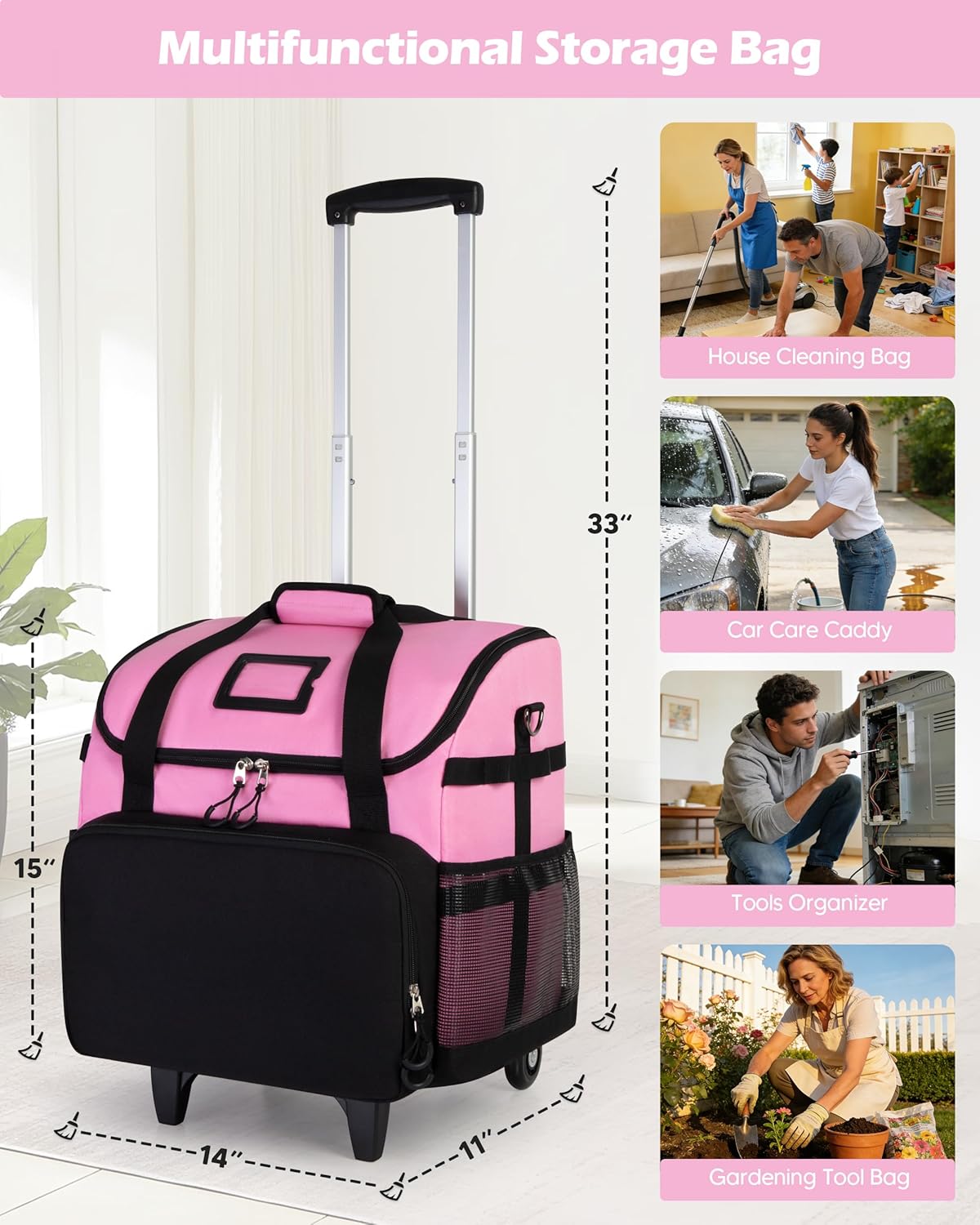 Large Rolling Cleaning Caddy Bag with Detachable Trolley, Cleaning Supplies Organizer with Wheels for Housekeepers, Pink