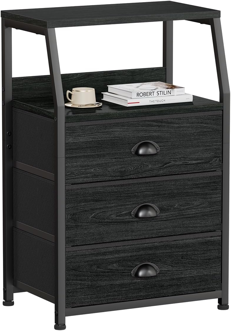 Tall Nightstand with 4 Fabric Drawers, Small Dresser for Bedroom | White Dorm Bedside Table , Dresser for Closet, Storage Drawer for Living Room, Entryway, Furniture, Metal Frame, Wood Top
