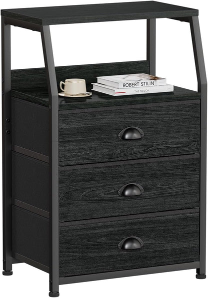 Tall Nightstand with 4 Fabric Drawers, Small Dresser for Bedroom | White Dorm Bedside Table , Dresser for Closet, Storage Drawer for Living Room, Entryway, Furniture, Metal Frame, Wood Top