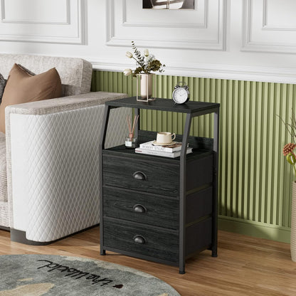 Tall Nightstand with 4 Fabric Drawers, Small Dresser for Bedroom | White Dorm Bedside Table , Dresser for Closet, Storage Drawer for Living Room, Entryway, Furniture, Metal Frame, Wood Top