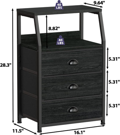 Tall Nightstand with 4 Fabric Drawers, Small Dresser for Bedroom | White Dorm Bedside Table , Dresser for Closet, Storage Drawer for Living Room, Entryway, Furniture, Metal Frame, Wood Top