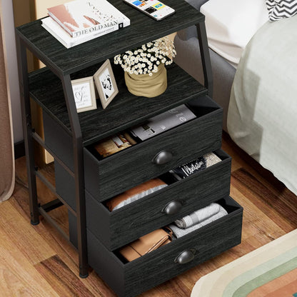 Tall Nightstand with 4 Fabric Drawers, Small Dresser for Bedroom | White Dorm Bedside Table , Dresser for Closet, Storage Drawer for Living Room, Entryway, Furniture, Metal Frame, Wood Top